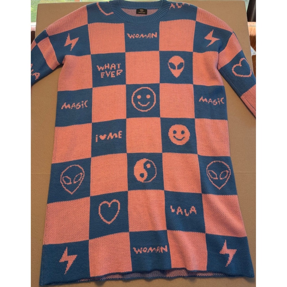 Dressed in LALA Checkered Graphic Knit Sweater Dress Blue Pink Women Size S/M